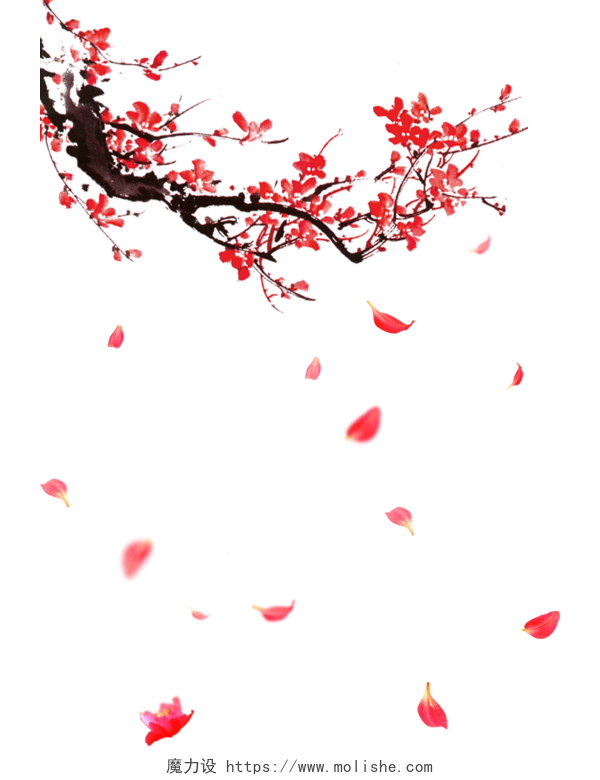 典雅中国风红梅花瓣飘落背景素材